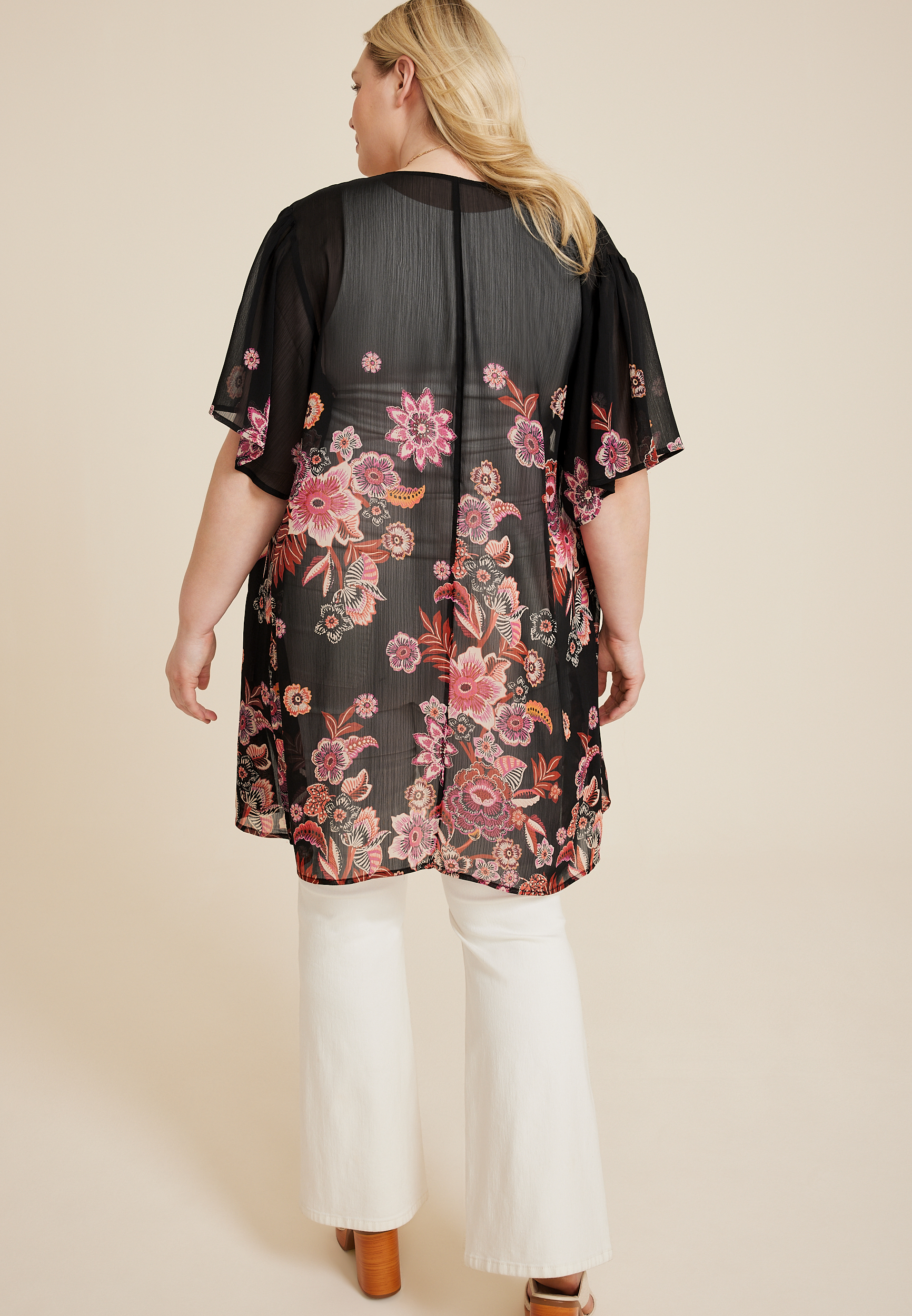 Plus Size Black Floral Flutter Sleeve Kimono, BLACK COMBO, large