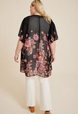 Plus Size Black Floral Flutter Sleeve Kimono, BLACK COMBO, small