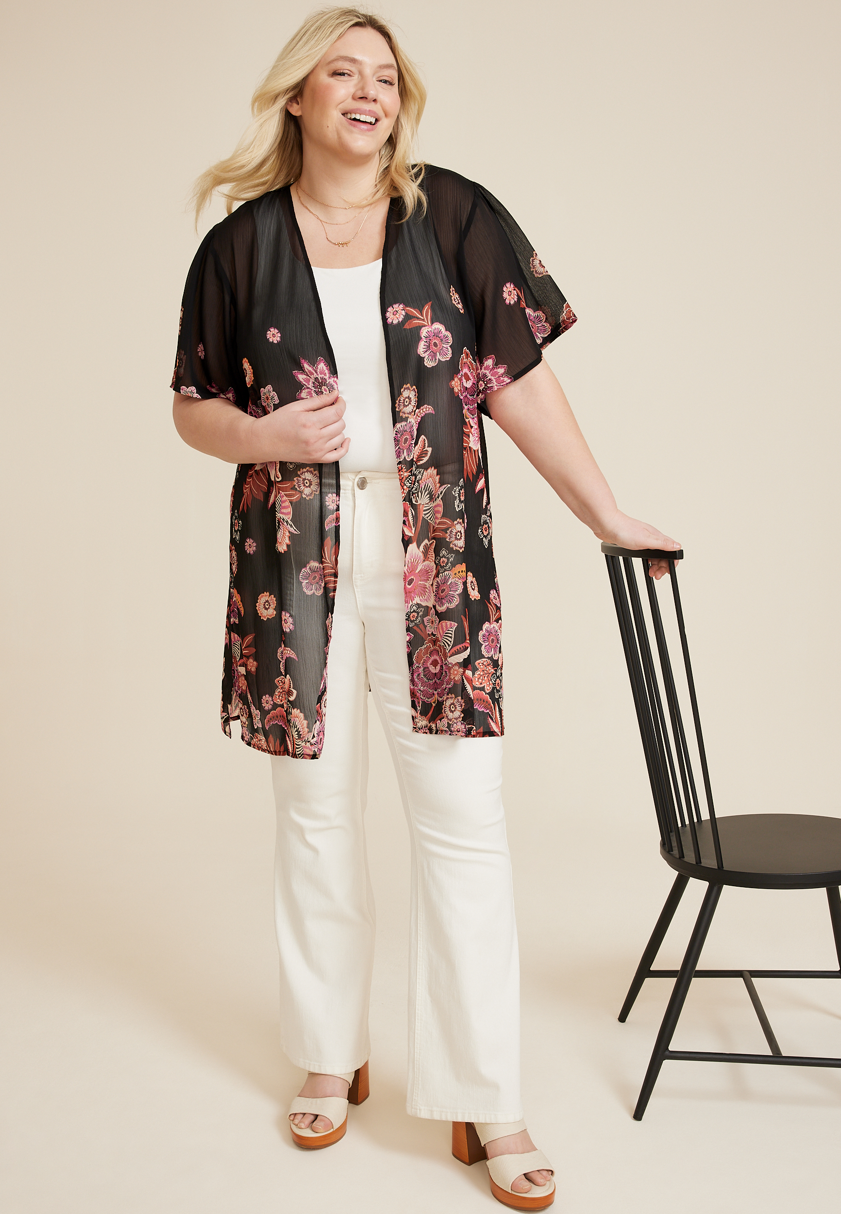 Plus Size Black Floral Flutter Sleeve Kimono, BLACK COMBO, large