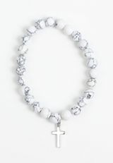 Cross Pendant Howlite Beaded Stretch Bracelet, WHITE, small