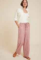Soft Linen High Rise Cargo Wide Leg Pant, C3343, small