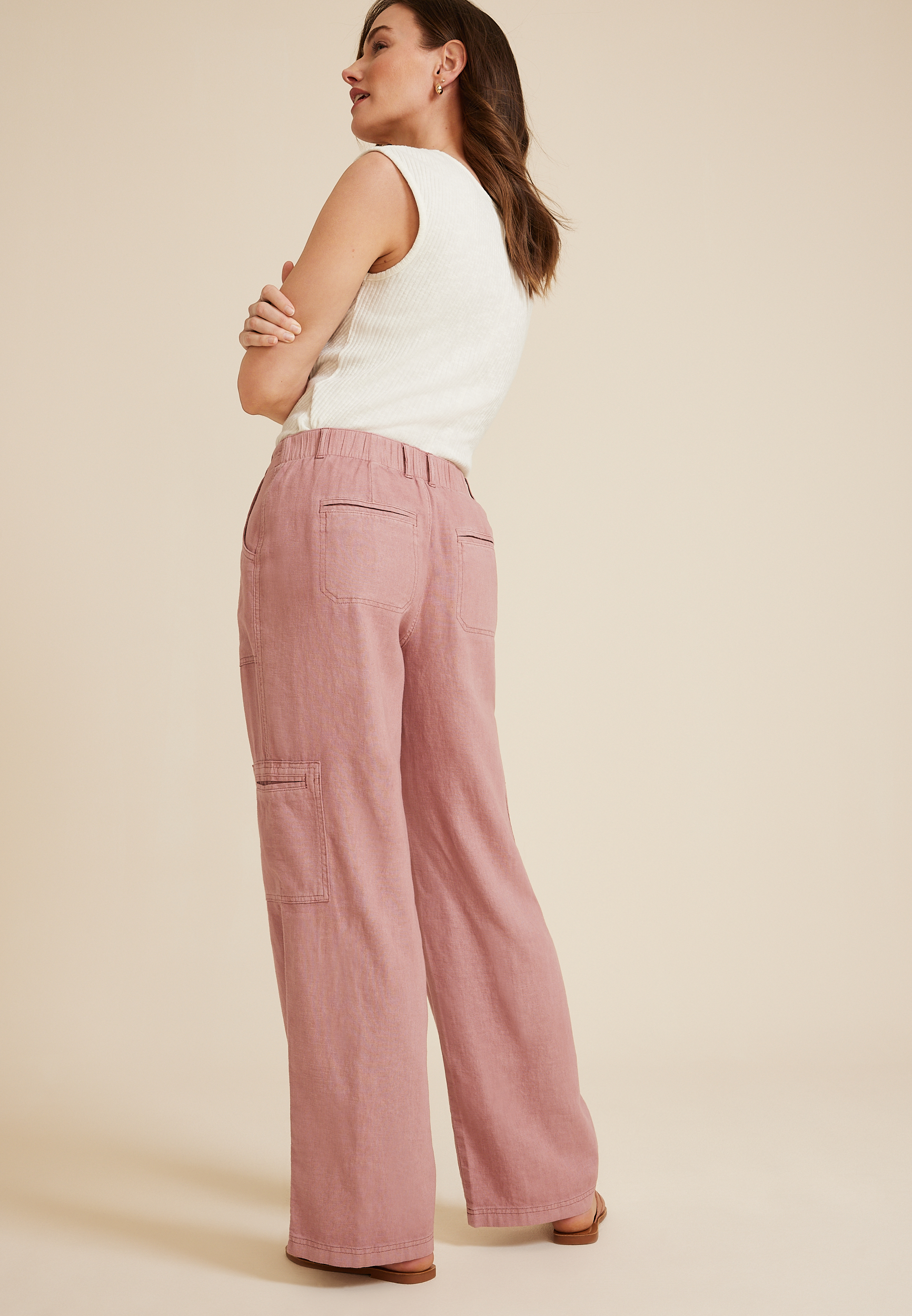 Soft Linen High Rise Cargo Wide Leg Pant, C3343, large