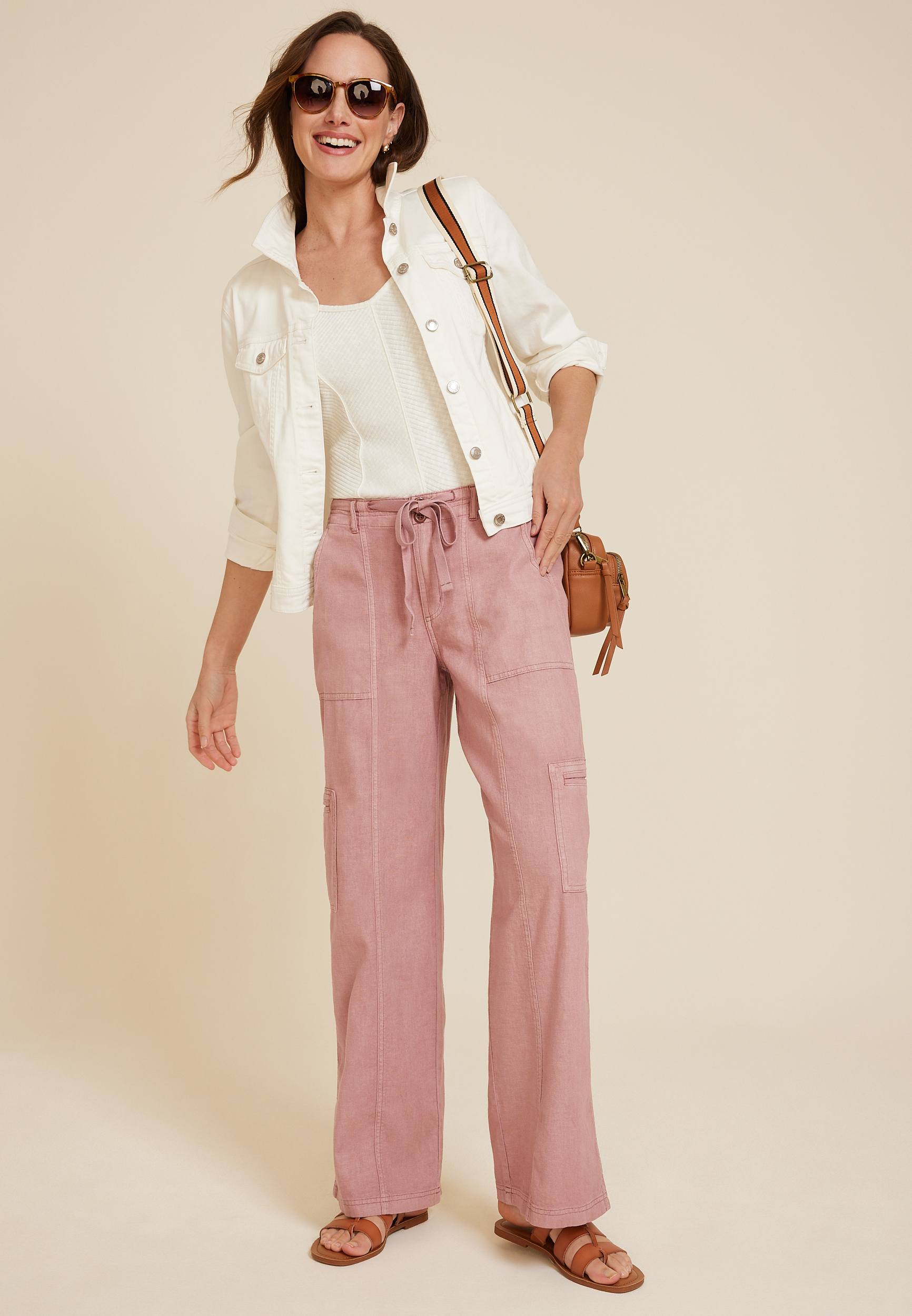 Soft Linen High Rise Cargo Wide Leg Pant, C3343, large
