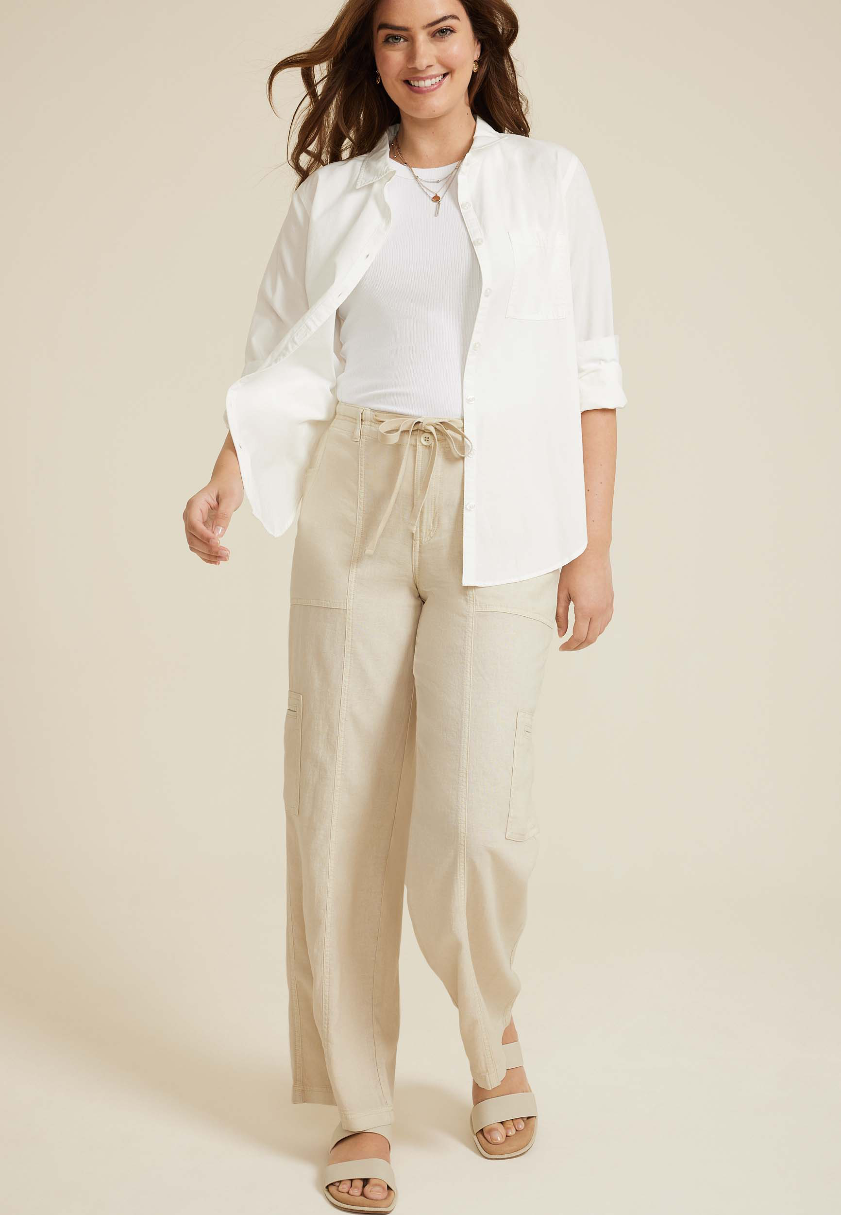 Soft Linen High Rise Cargo Wide Leg Pant