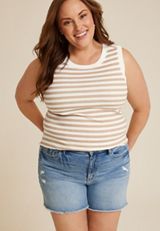 Plus Size Striped Exposed Seam Tank Top, KHAKI COMBO, small