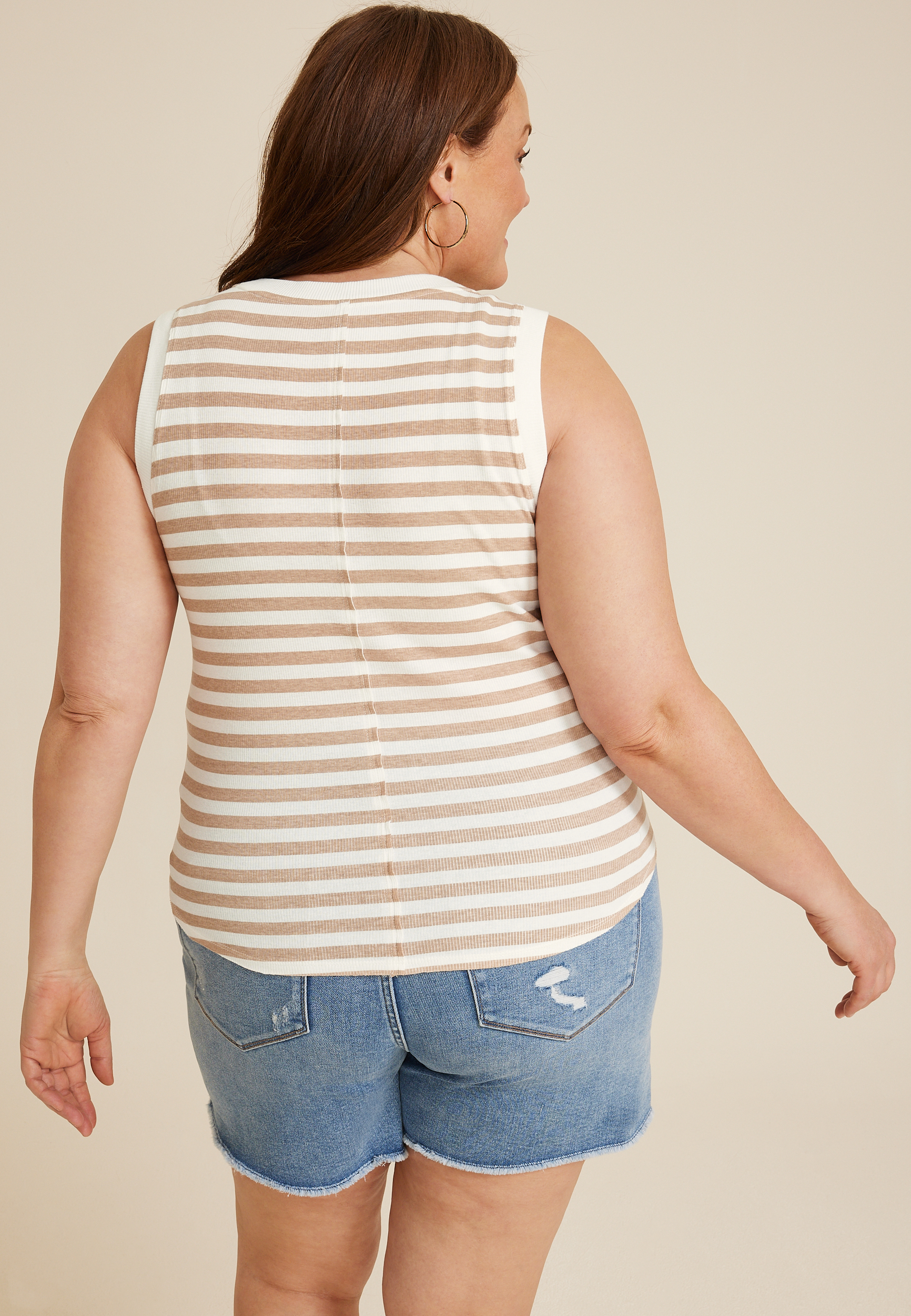Plus Size Striped Exposed Seam Tank Top, KHAKI COMBO, large