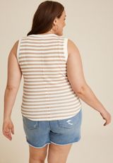 Plus Size Striped Exposed Seam Tank Top, KHAKI COMBO, small