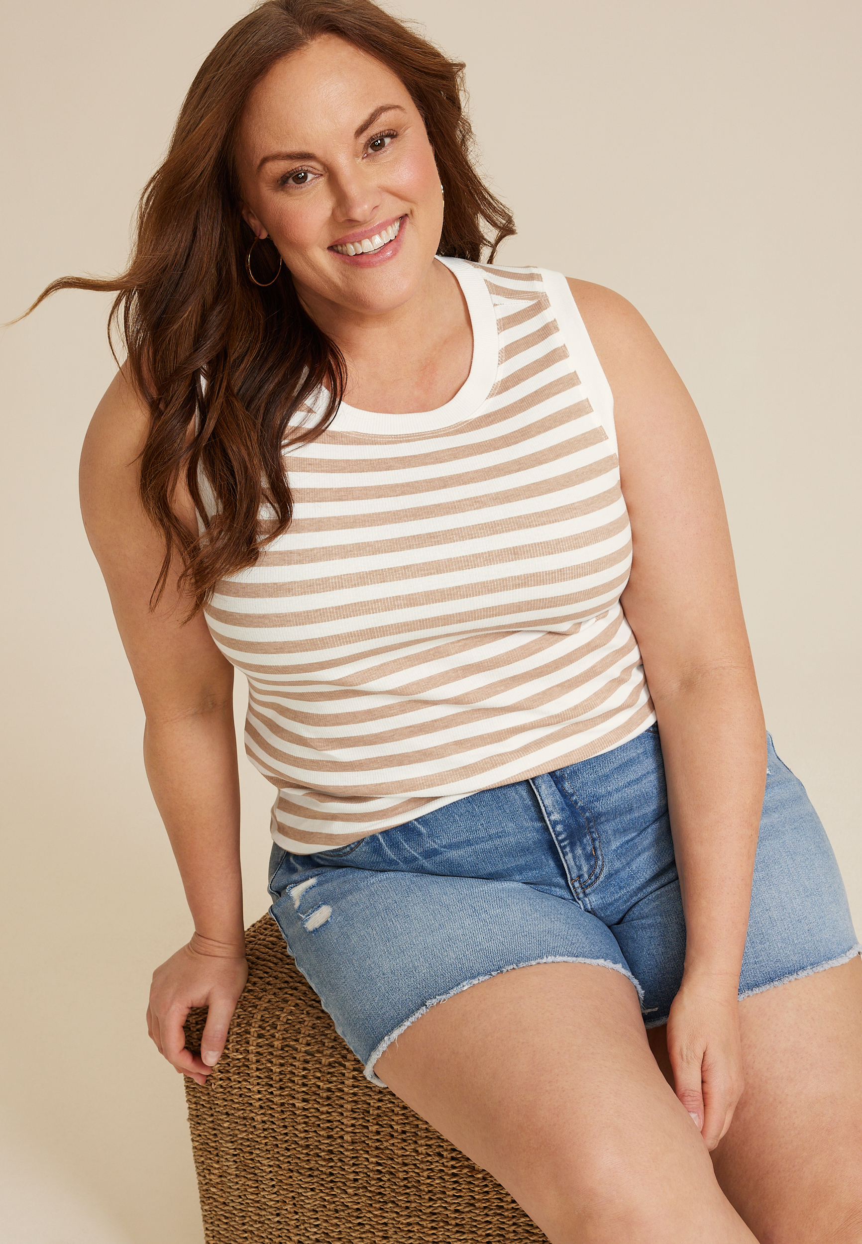 Plus Size Striped Exposed Seam Tank Top, KHAKI COMBO, large