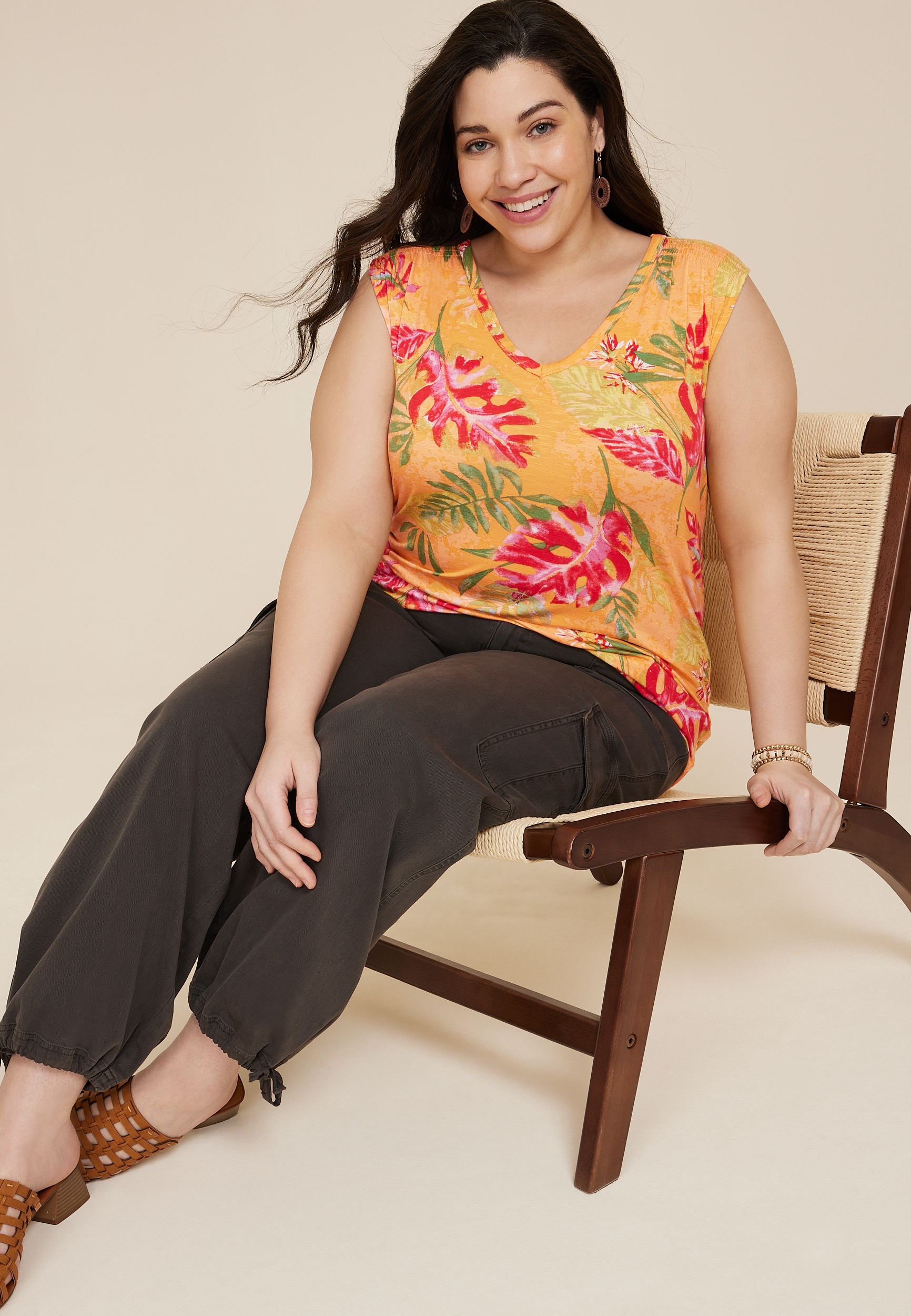Plus Size 24/7 Floral Smocked Shoulder Tank Top, C1524, large