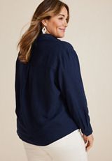 Plus Size 90s Relaxed Linen Button Up Shirt, BLUE JASMINE, small