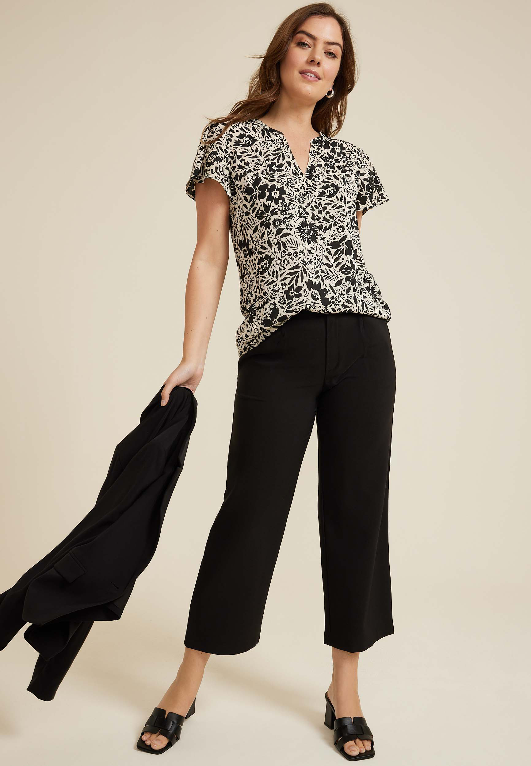 Atwood Floral Flutter Sleeve Blouse, BLACK COMBO, large