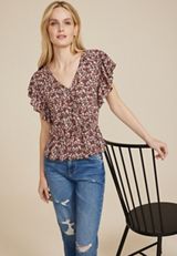 Floral Flutter Sleeve Peplum Blouse, C1755, small