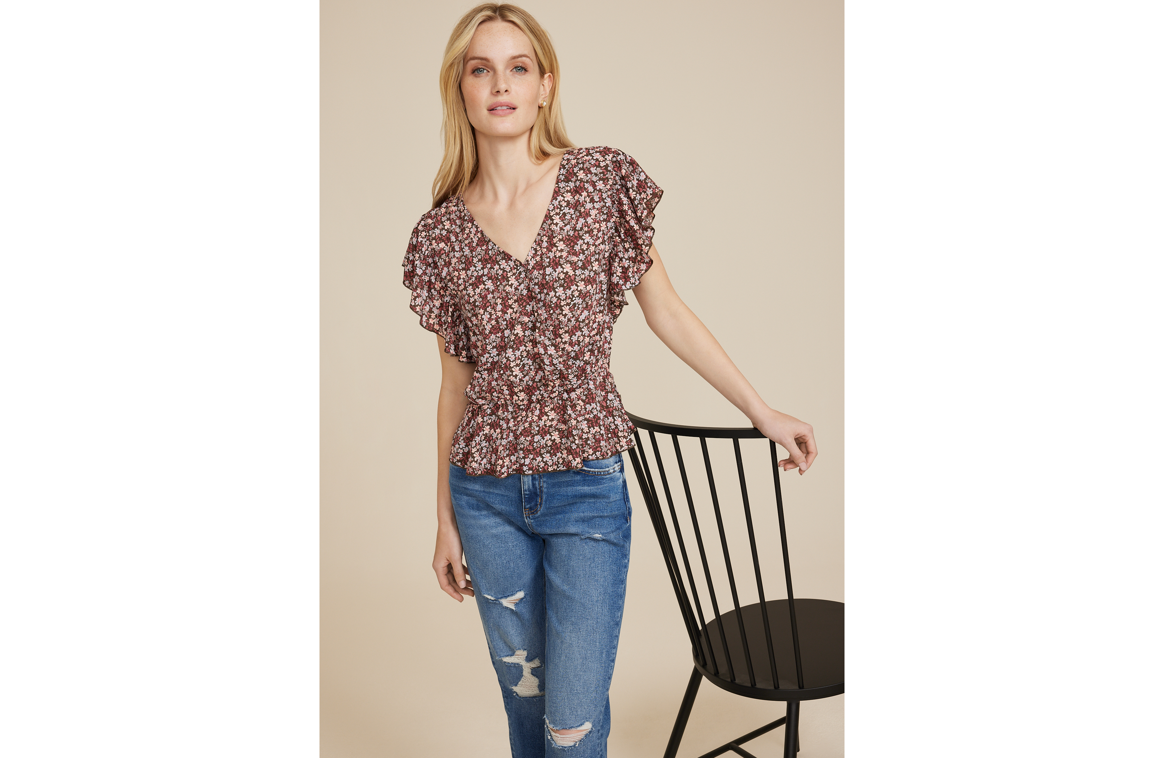 Floral Flutter Sleeve Peplum Blouse