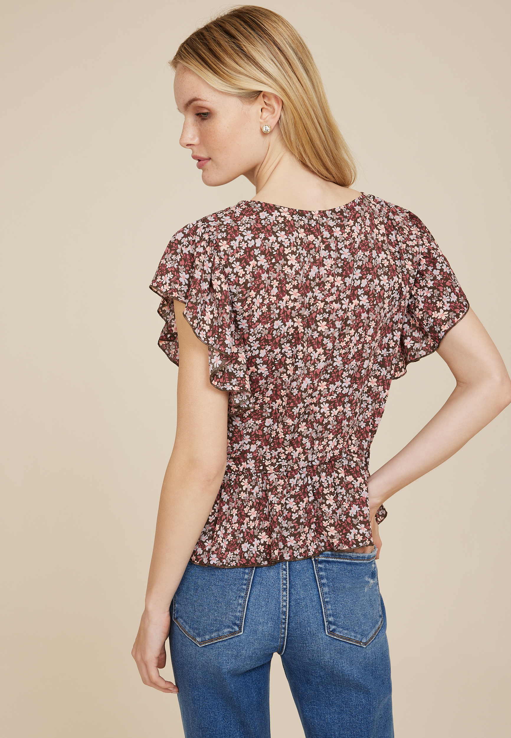 Floral Flutter Sleeve Peplum Blouse, C1755, large