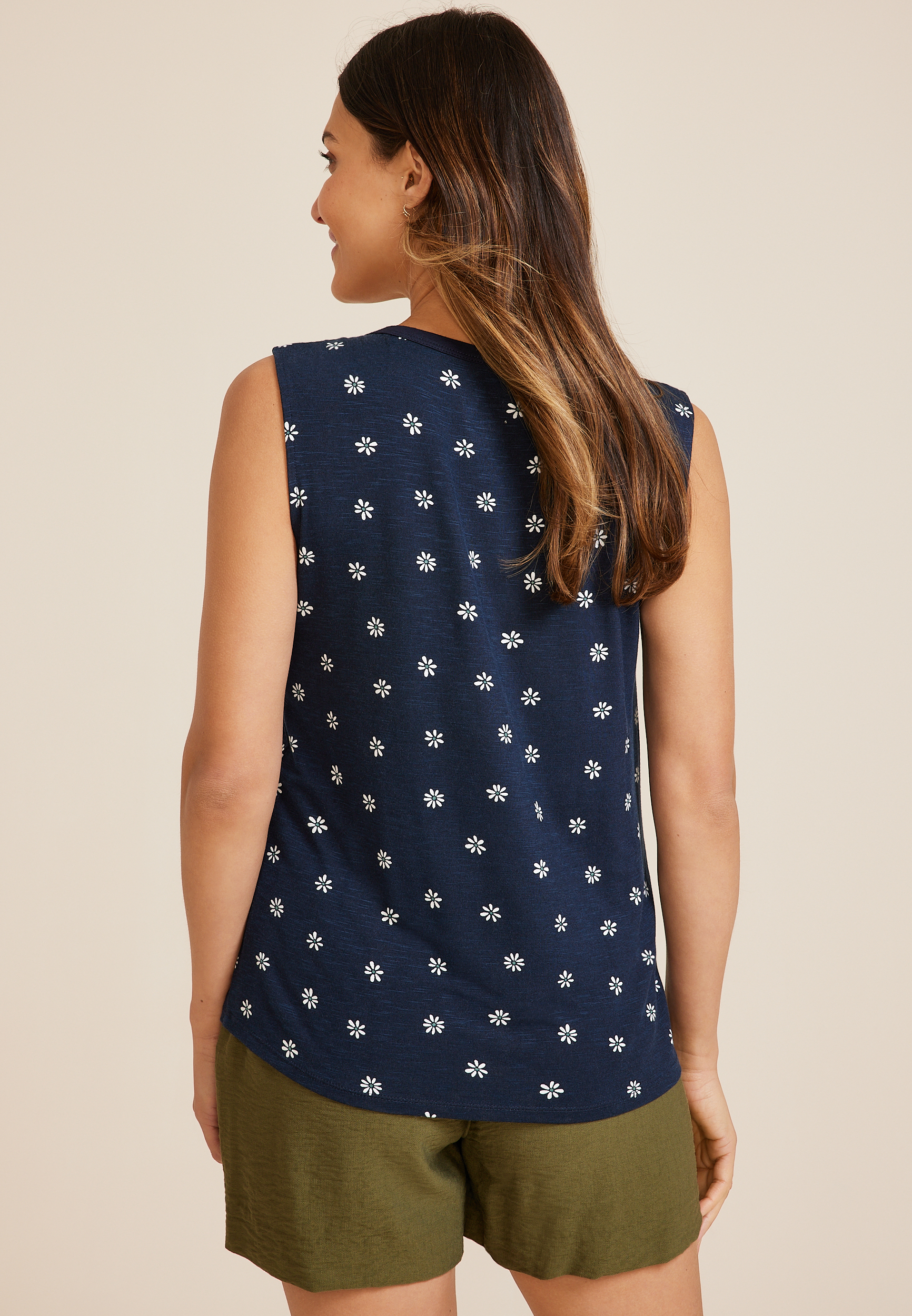 24/7 Floral Smocked Shoulder Tank Top, BLUE JASMINE COMBO, large