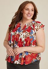 Plus Size Floral Woven Flutter Sleeve Blouse, C6074, small