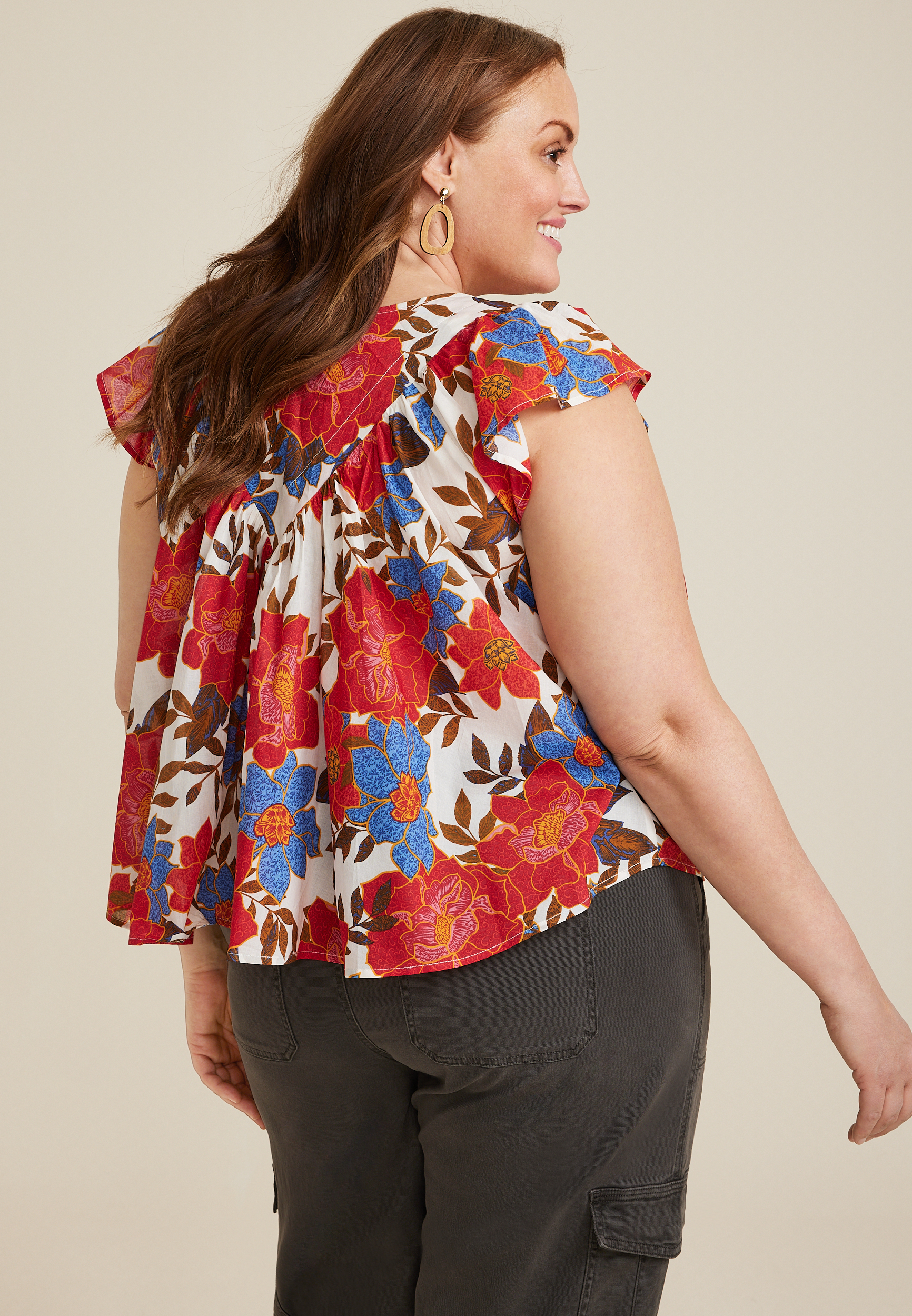 Plus Size Floral Woven Flutter Sleeve Blouse, C6074, large