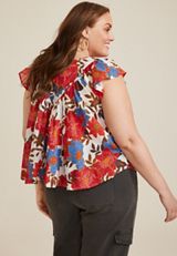 Plus Size Floral Woven Flutter Sleeve Blouse, C6074, small