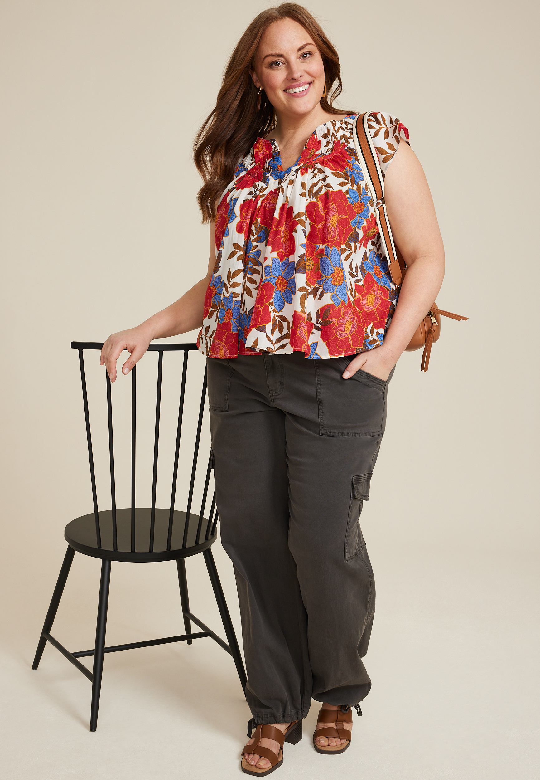 Plus Size Floral Woven Flutter Sleeve Blouse, C6074, large
