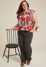 Plus Size Floral Woven Flutter Sleeve Blouse, C6074, small