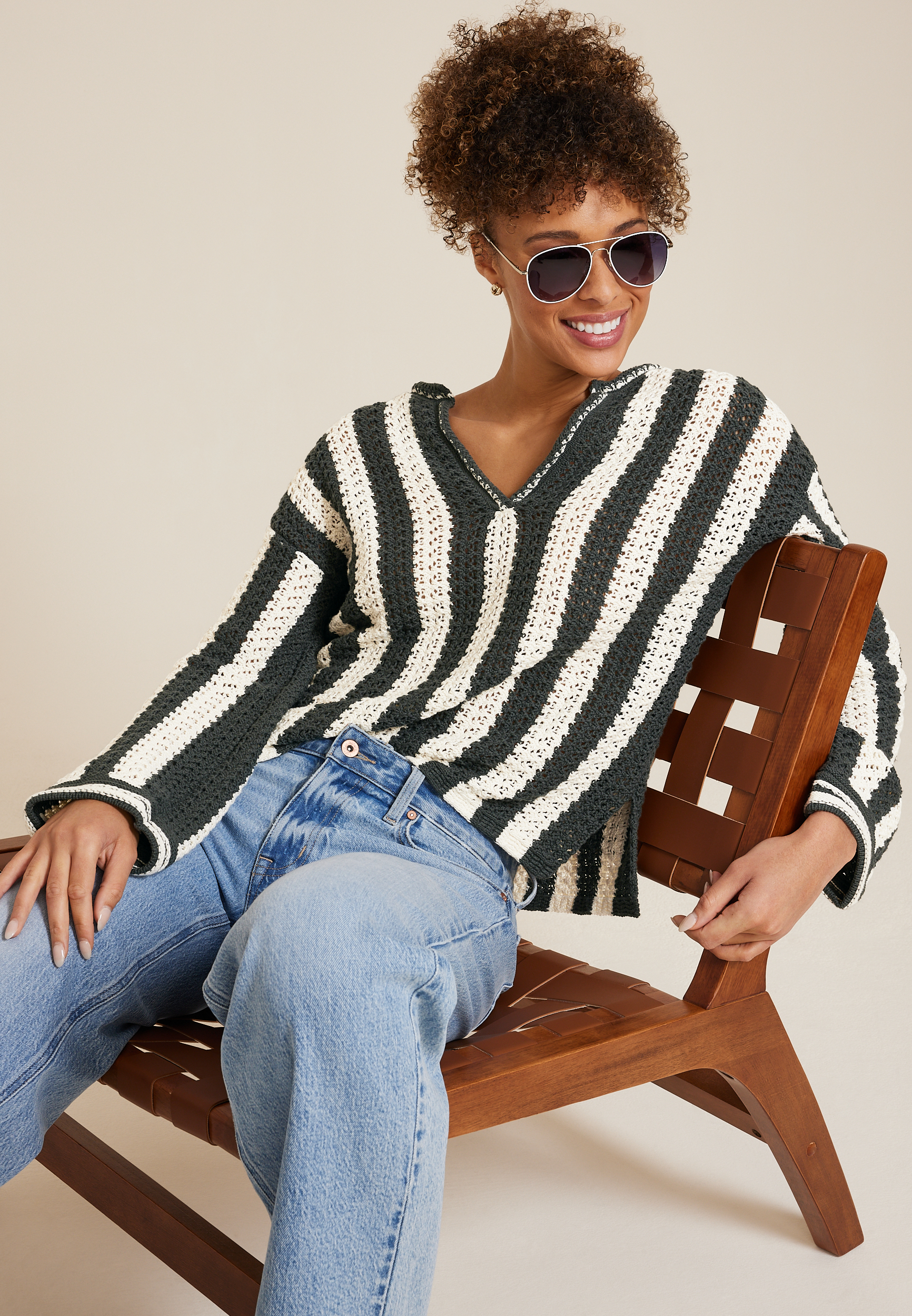 Vertical Stripe V Neck Pullover, C3986, large