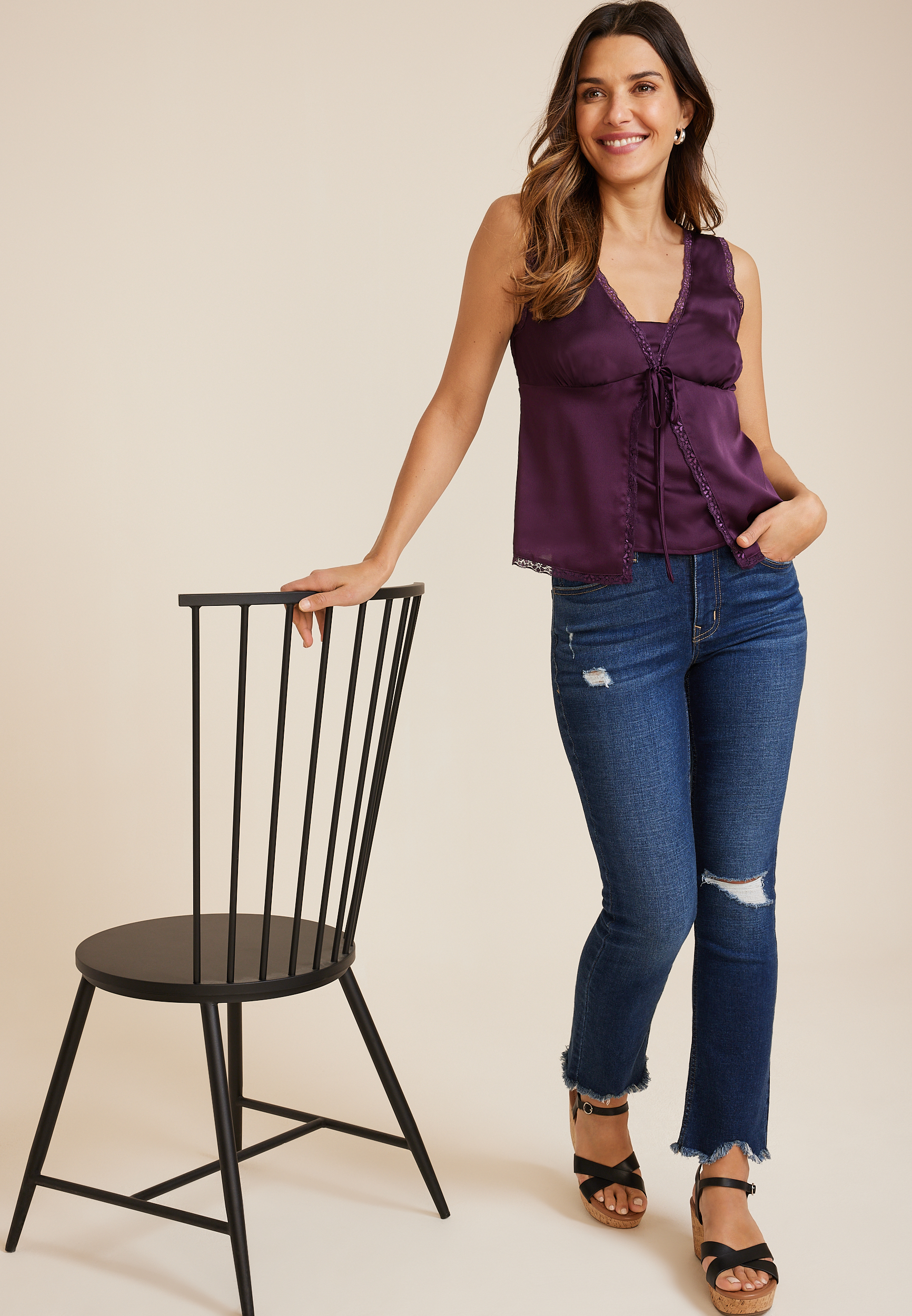 Satin Front Tie Tank Top, C418, large
