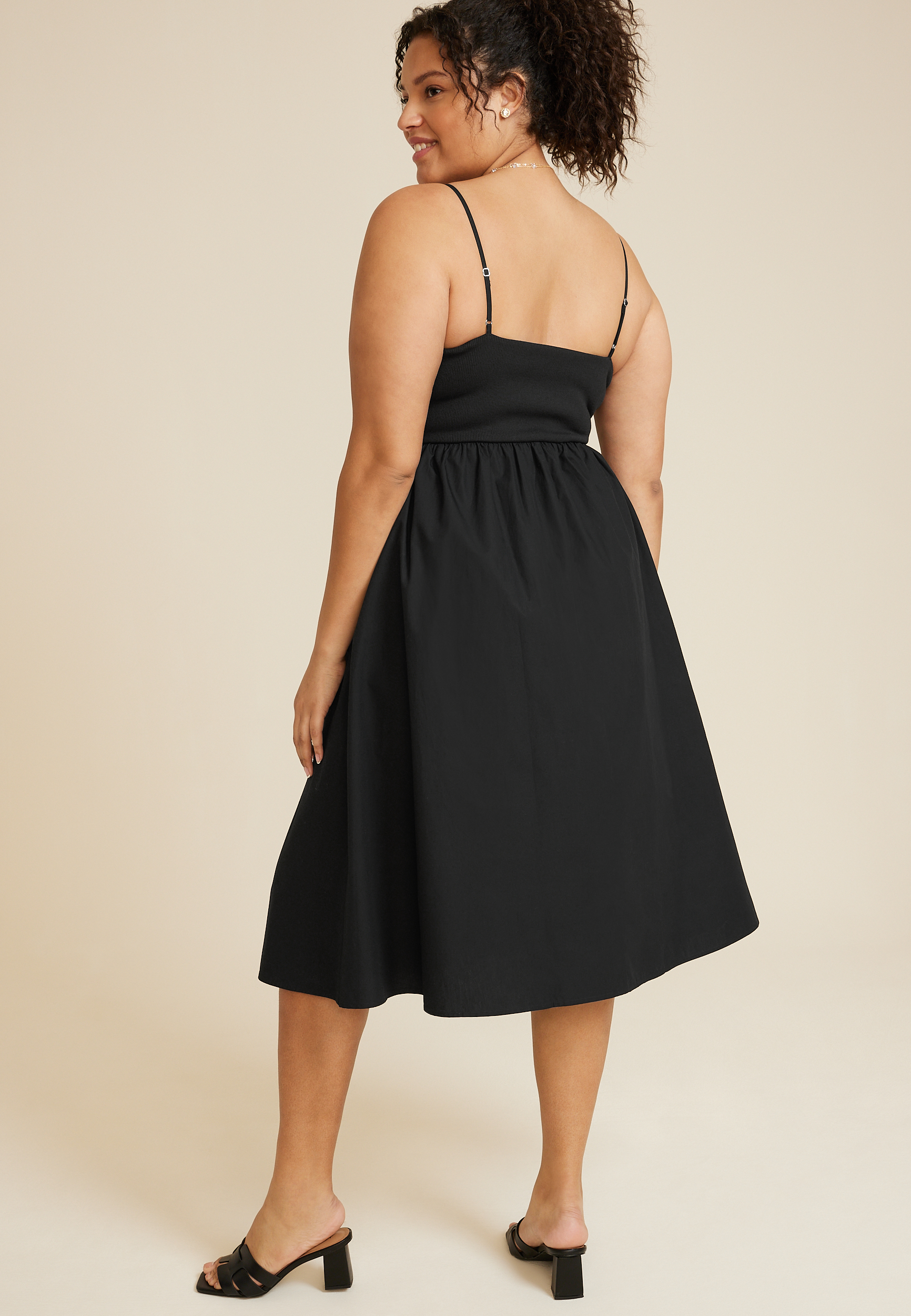 Plus Size Drop Waist Mix Media Midi Dress, BLACK, large
