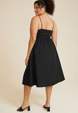 Plus Size Drop Waist Mix Media Midi Dress, BLACK, small