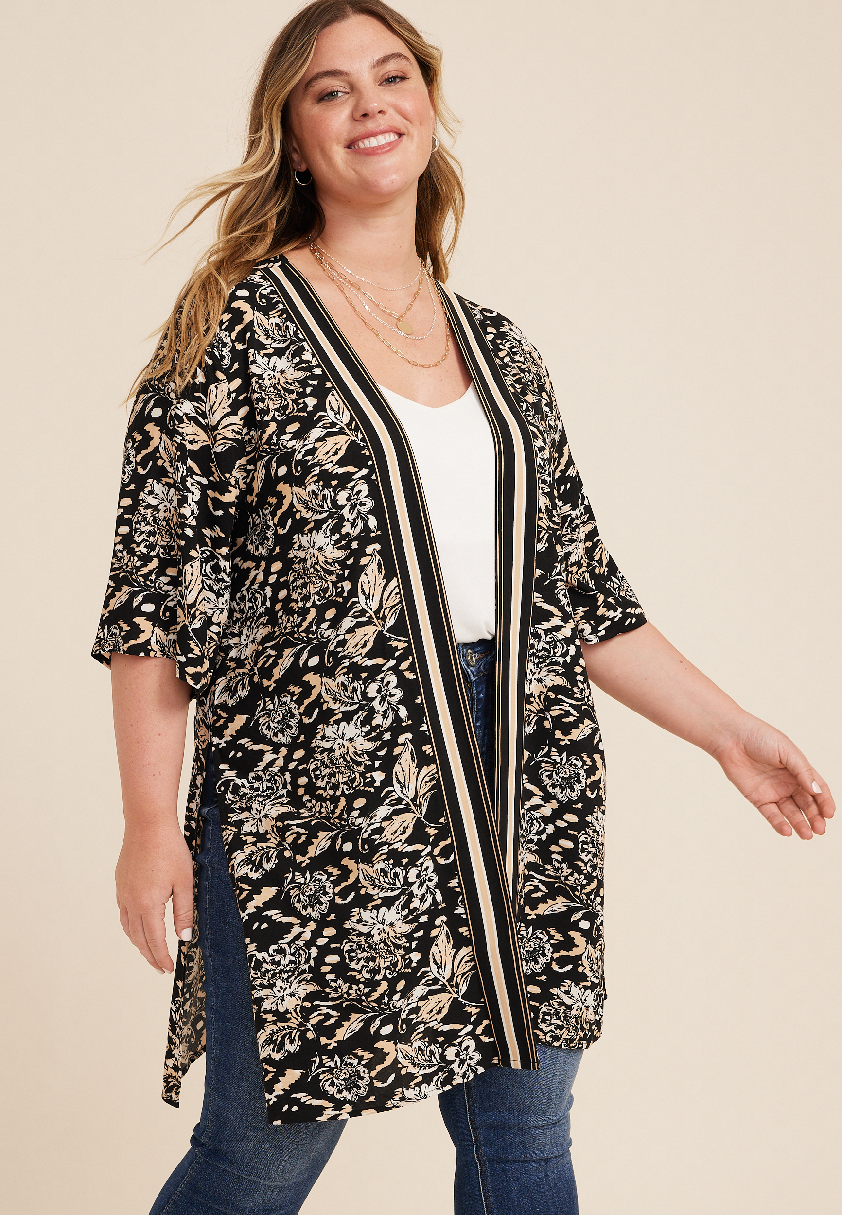 Plus Size Floral Border Kimono maurices