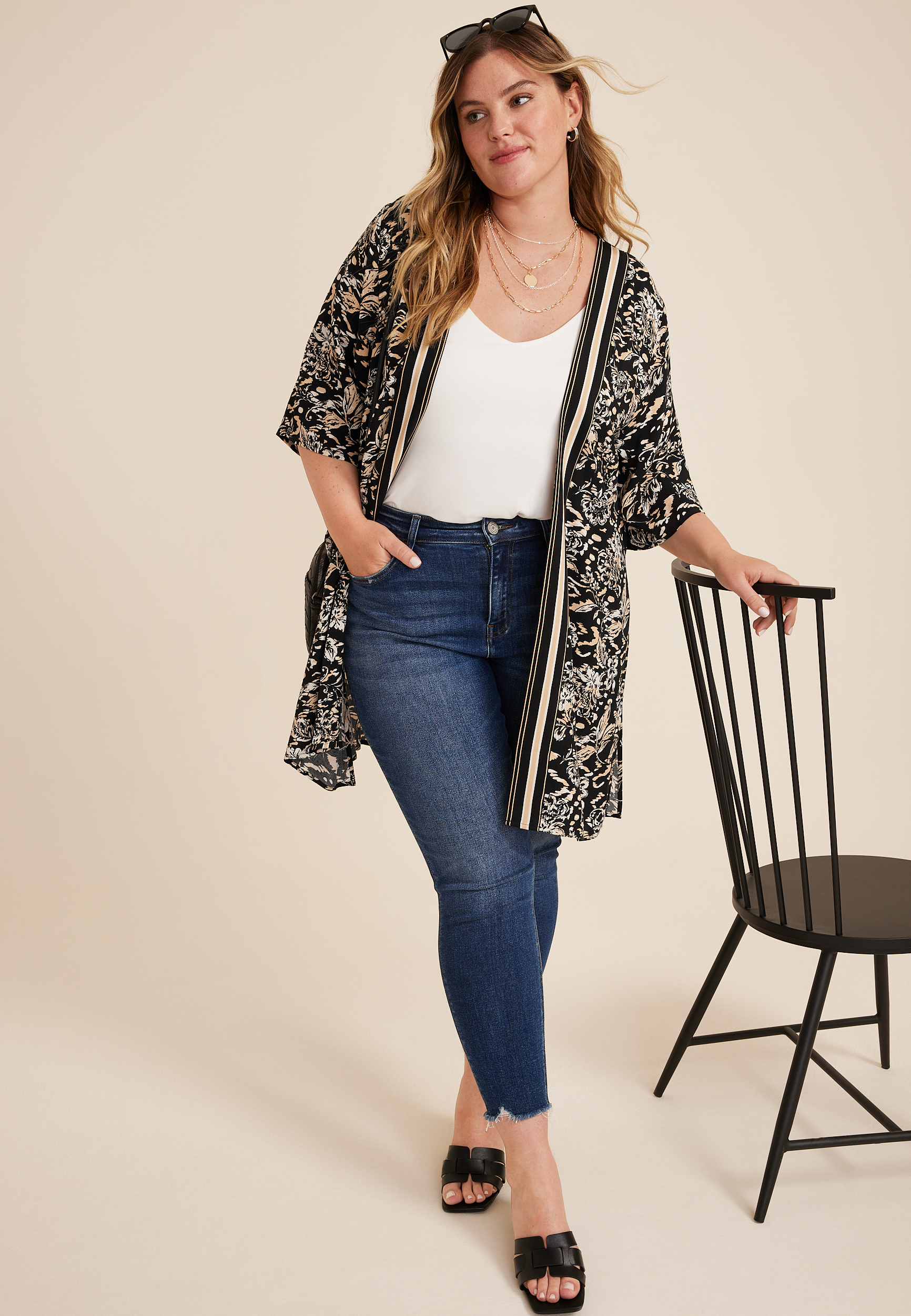 Plus Size Floral Border Kimono, C1756, large