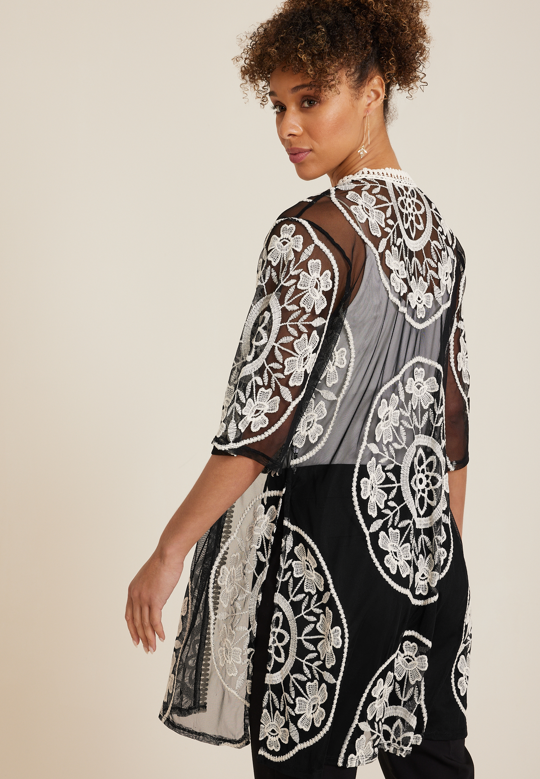 Black And White Mesh Embroidered Kimono, C1756, large