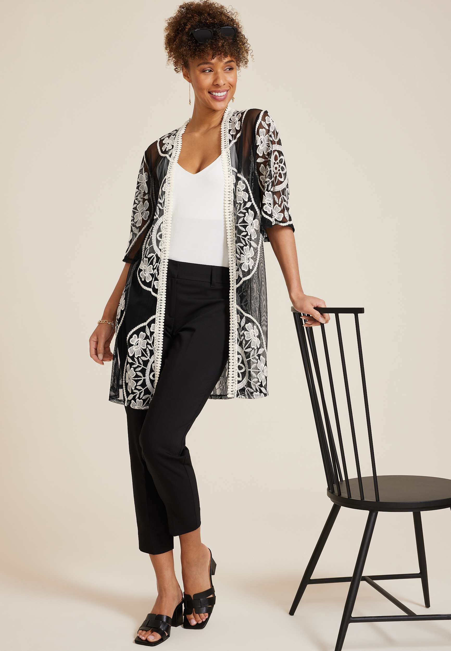 Black And White Mesh Embroidered Kimono, C1756, large