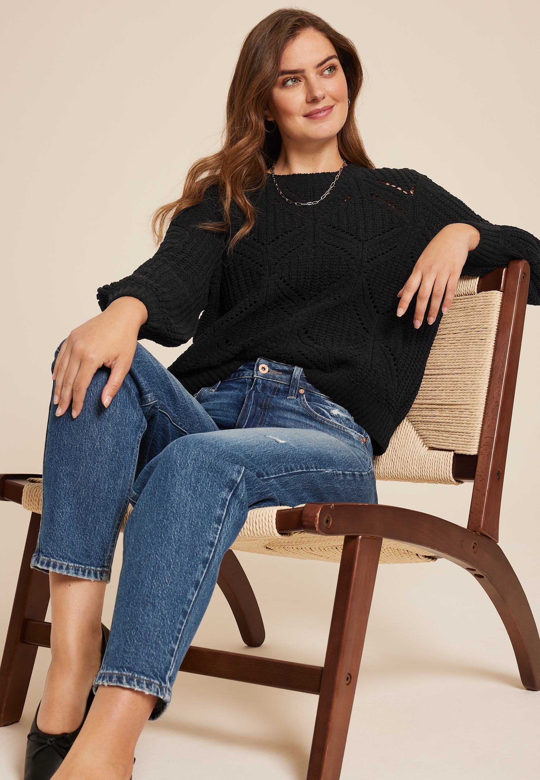 Soft Chenille Pointelle Pattern Sweater, C106, large