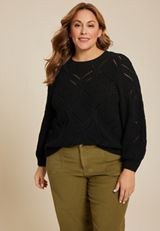 Plus Size Soft Chenille Pointelle Pattern Sweater, BLACK, small