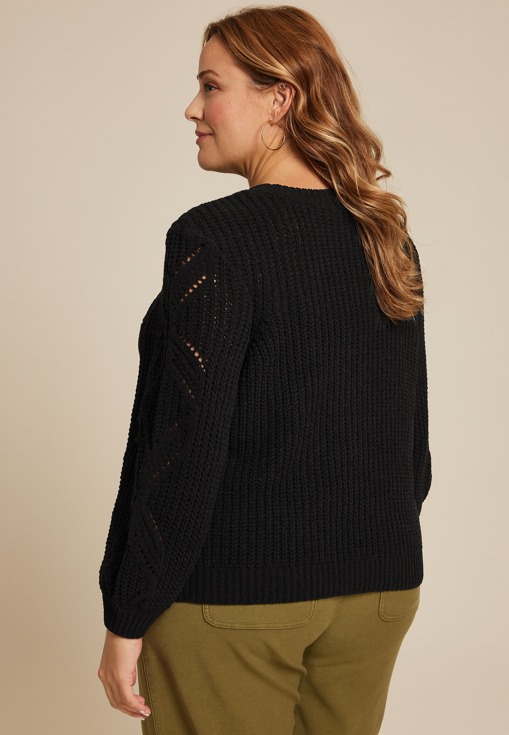 Plus Size Soft Chenille Pointelle Pattern Sweater, BLACK, large