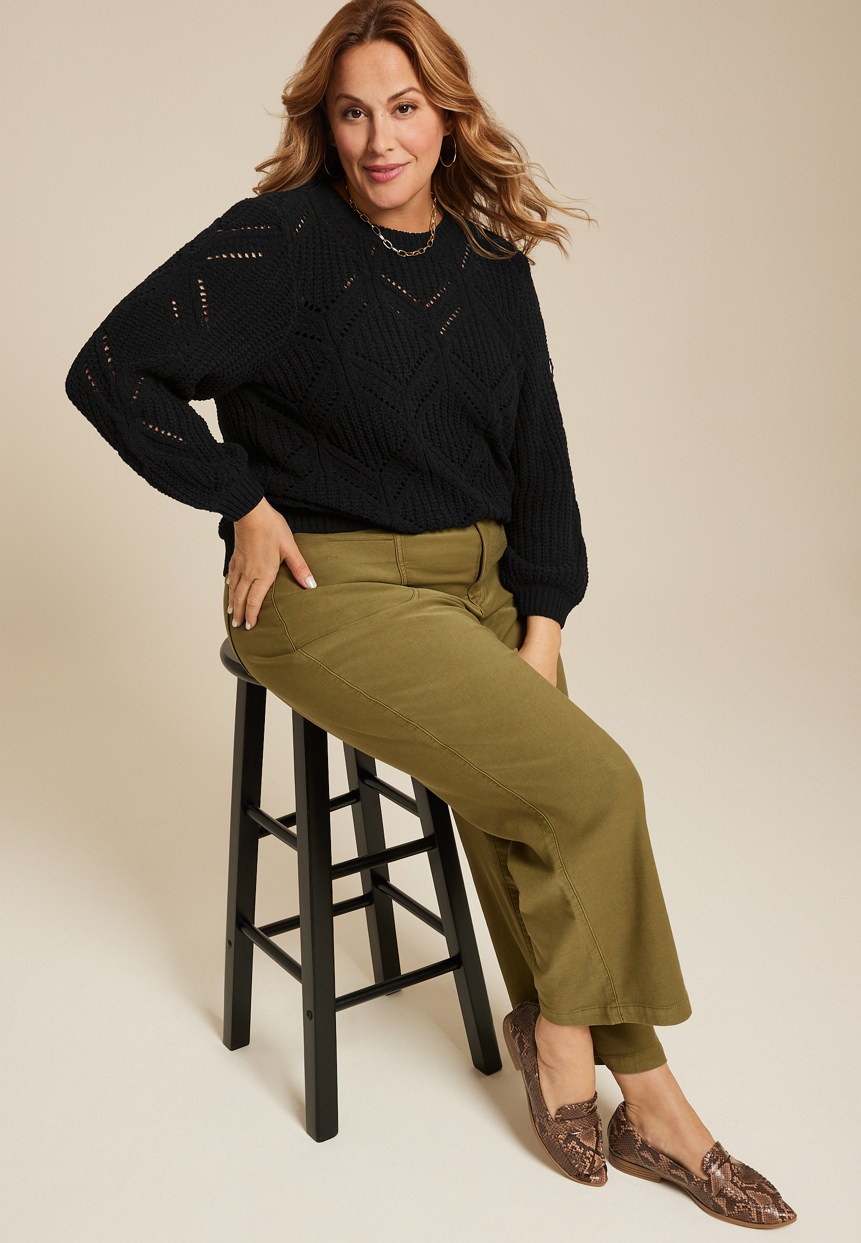 Plus Size Soft Chenille Pointelle Pattern Sweater, BLACK, large