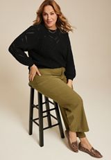 Plus Size Soft Chenille Pointelle Pattern Sweater, BLACK, small