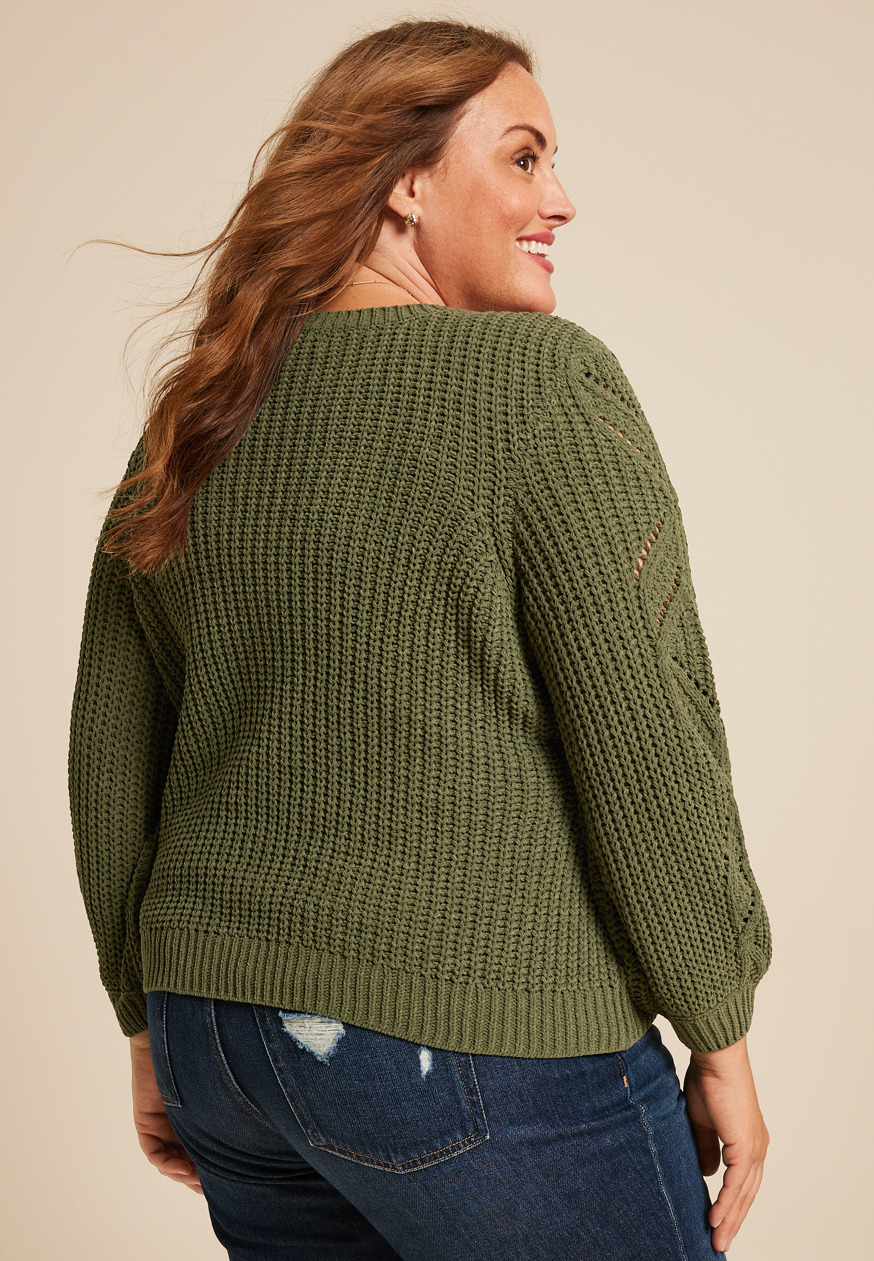 Plus Size Soft Chenille Pointelle Pattern Sweater, C6522, large