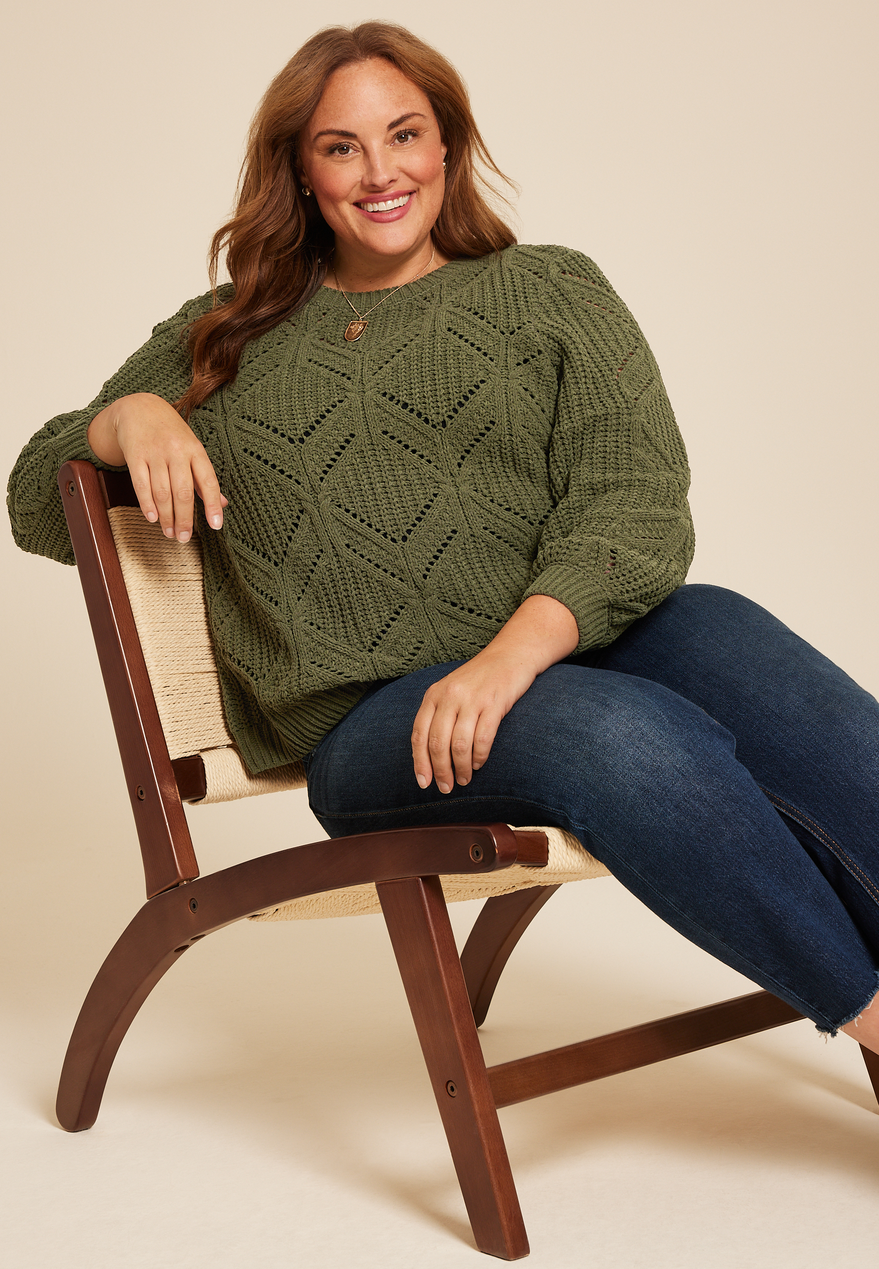 Plus Size Soft Chenille Pointelle Pattern Sweater, C6522, large