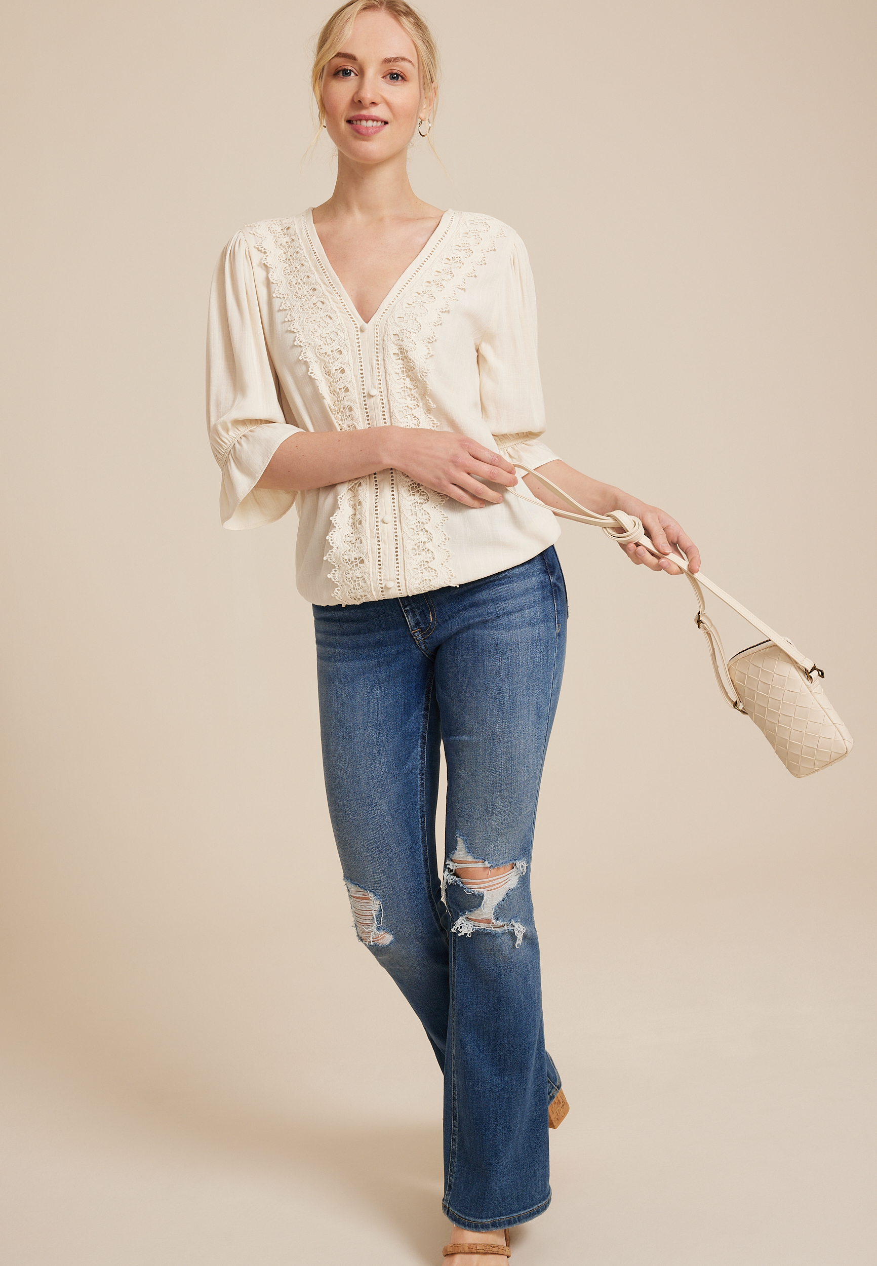 Crochet Lace Bubble Hem Blouse