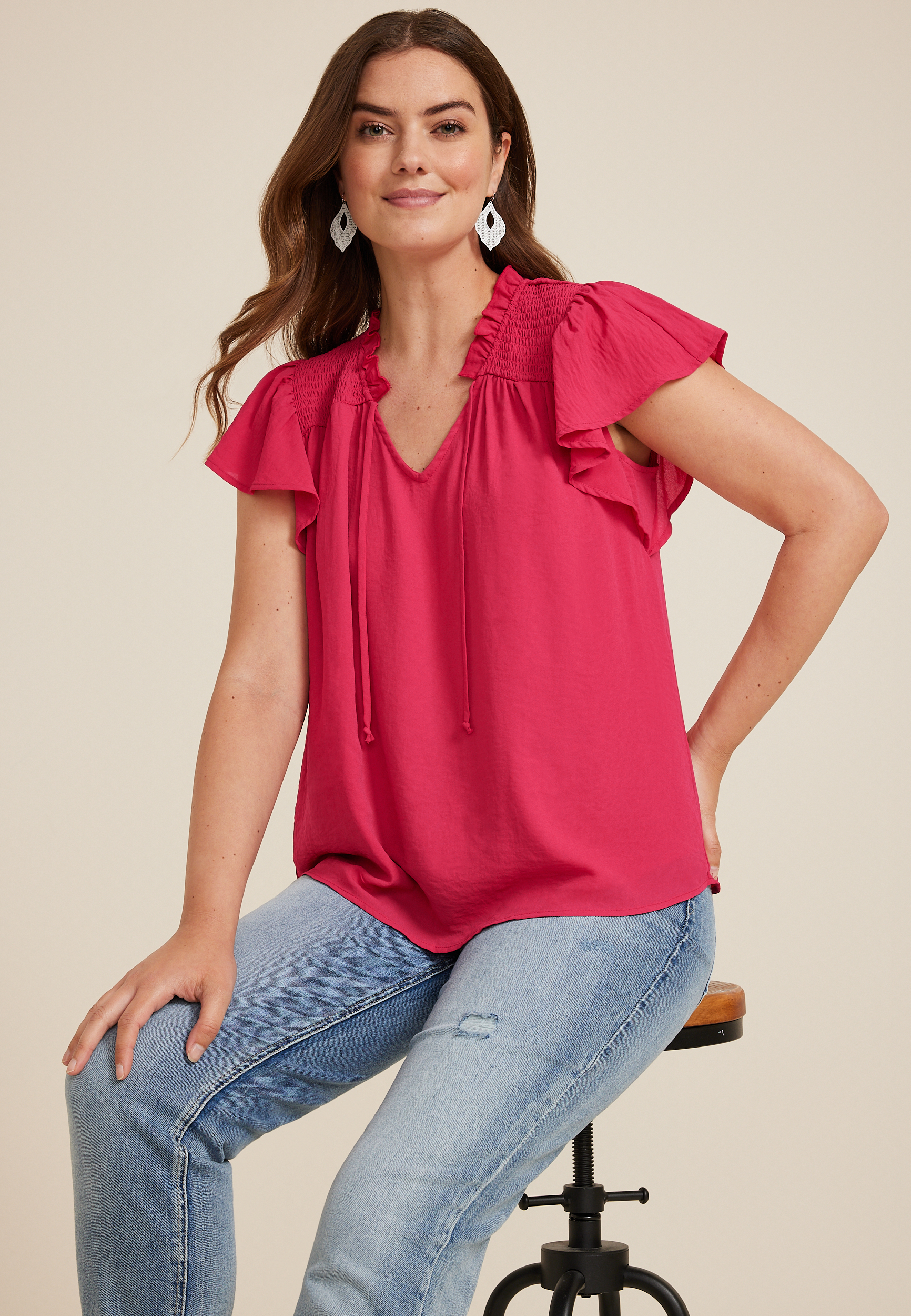 Flutter Sleeve Tie Front Blouse