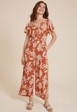 Floral Notch Neck Jumpsuit, ORANGE COMBO, small