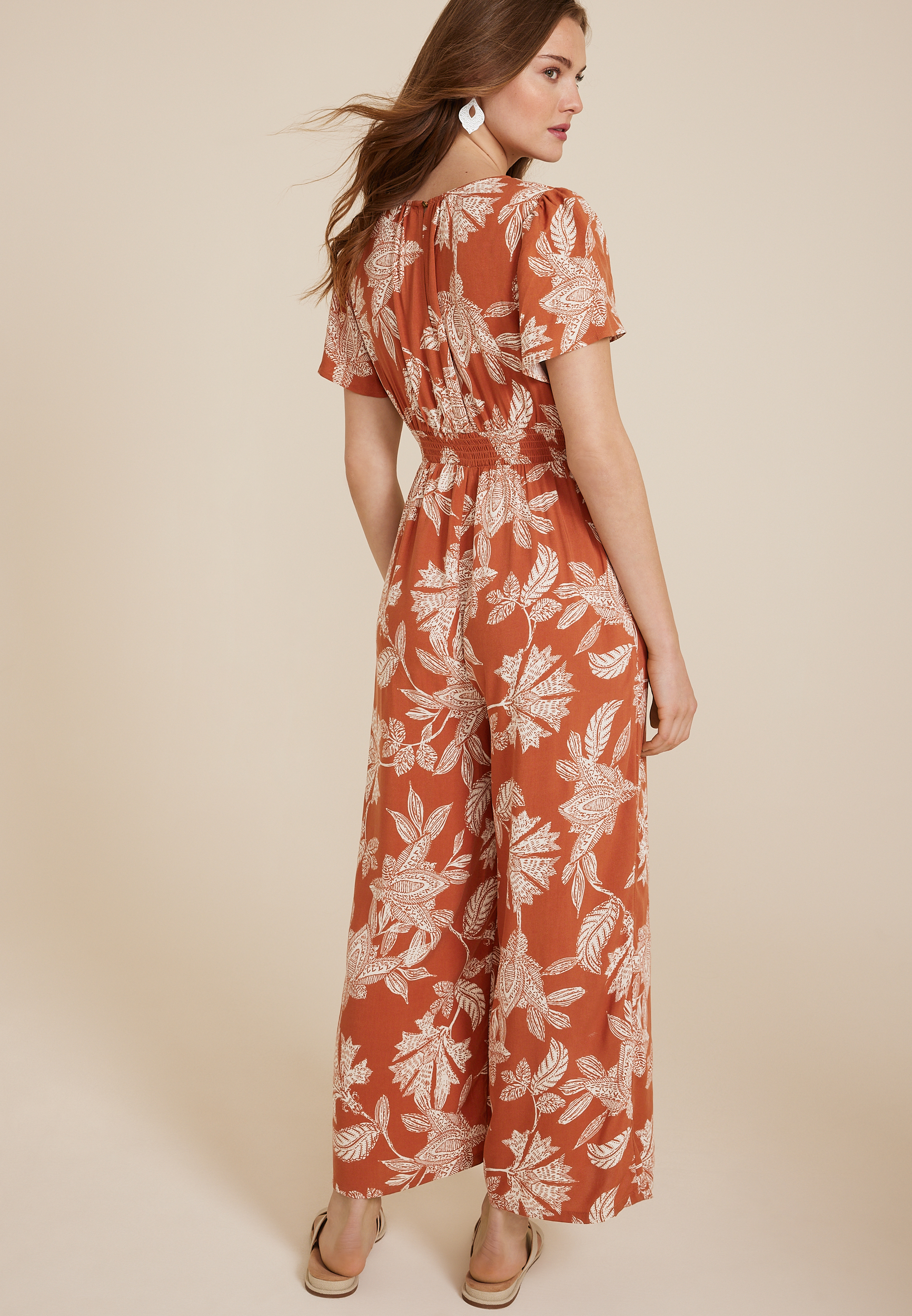 Floral Notch Neck Jumpsuit, ORANGE COMBO, large