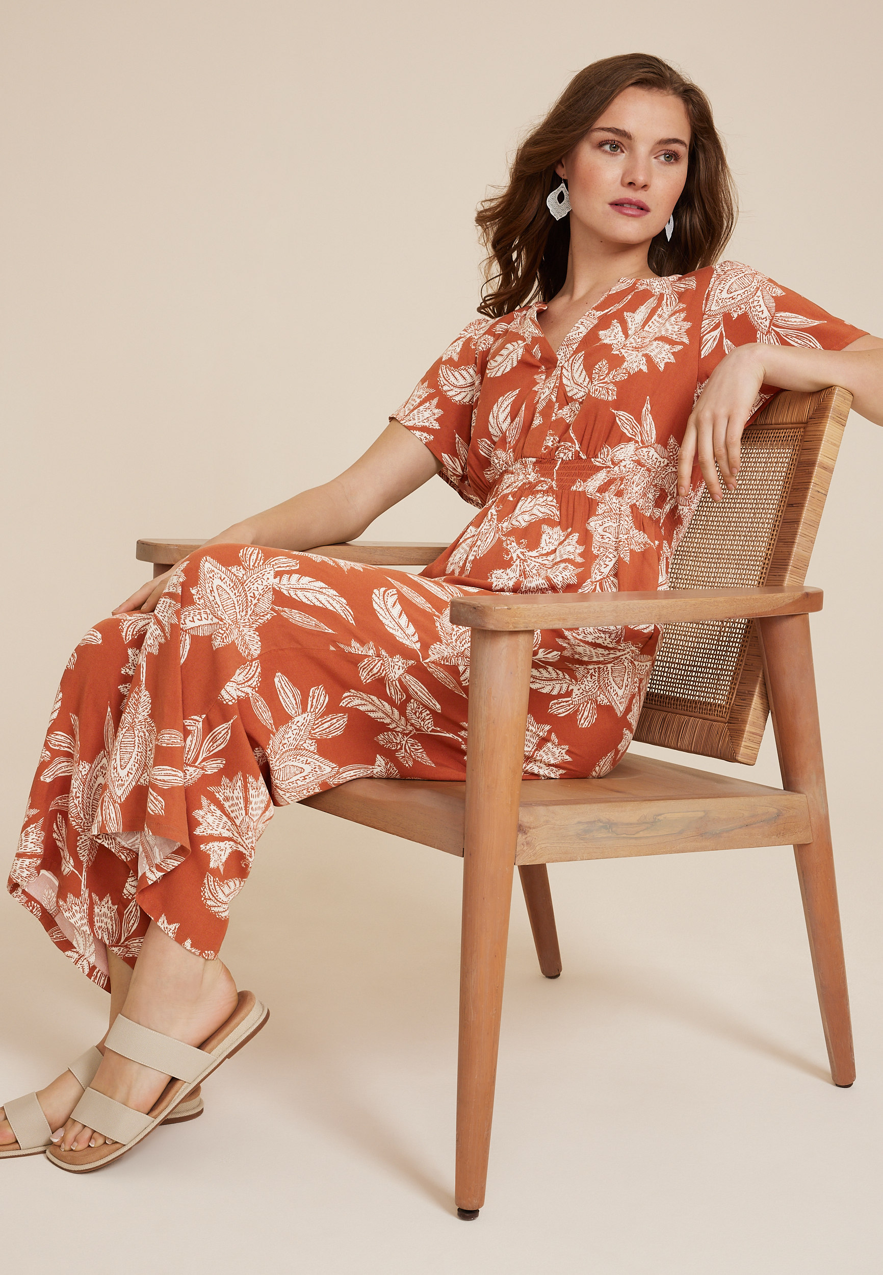 Floral Notch Neck Jumpsuit, ORANGE COMBO, large