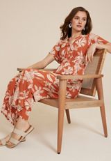 Floral Notch Neck Jumpsuit, ORANGE COMBO, small