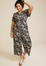 Plus Size Floral Notch Neck Jumpsuit, BLACK COMBO, small
