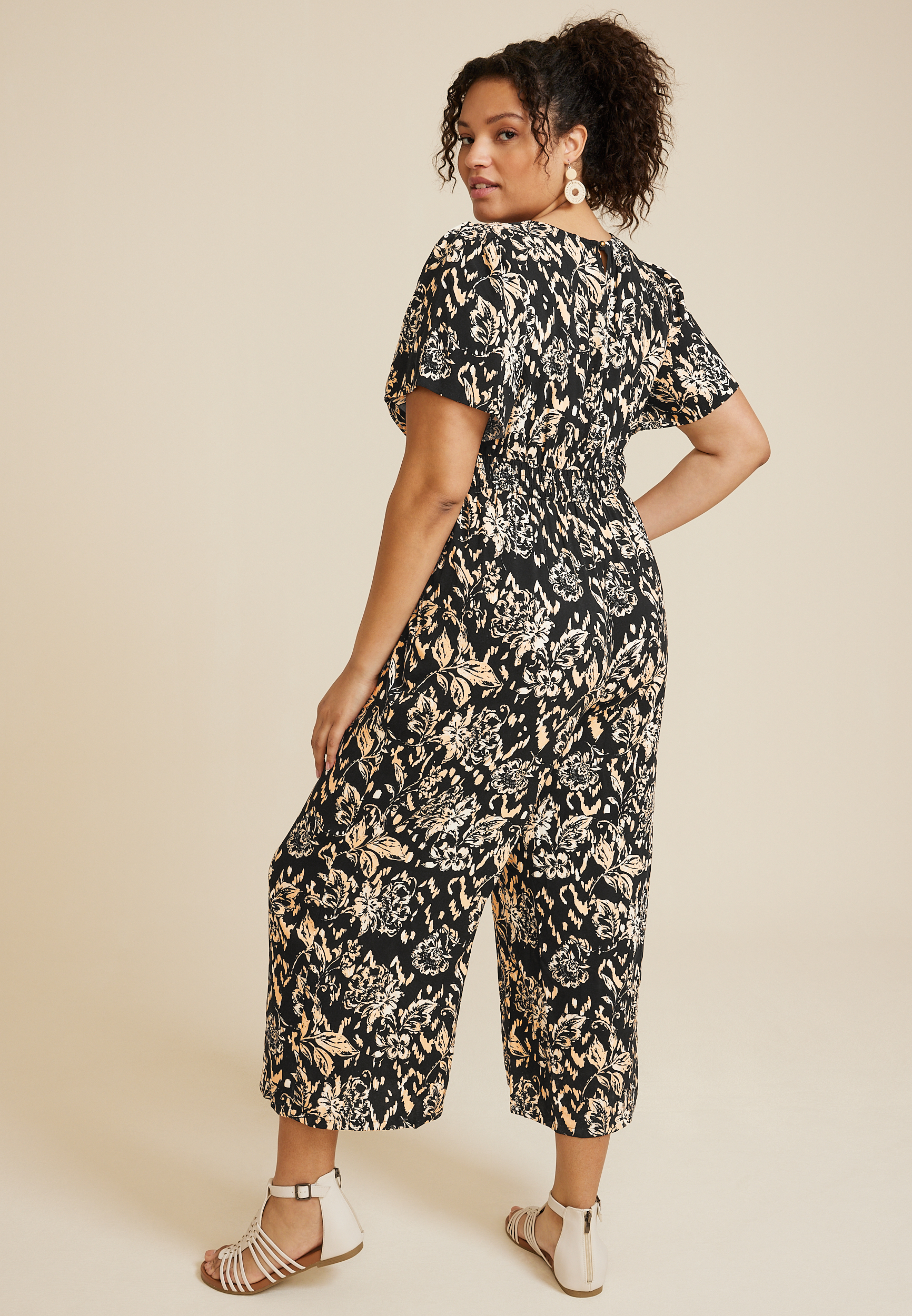 Plus Size Floral Notch Neck Jumpsuit, BLACK COMBO, large