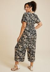Plus Size Floral Notch Neck Jumpsuit, BLACK COMBO, small