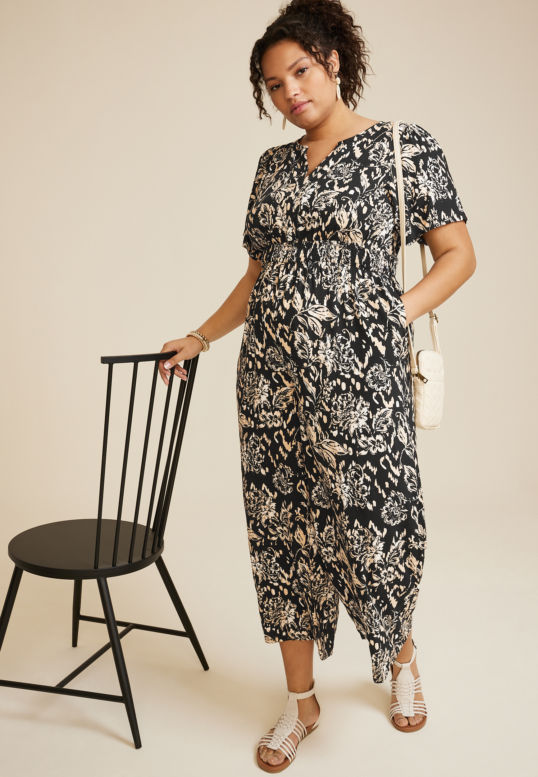 Plus Size Floral Notch Neck Jumpsuit, BLACK COMBO, large