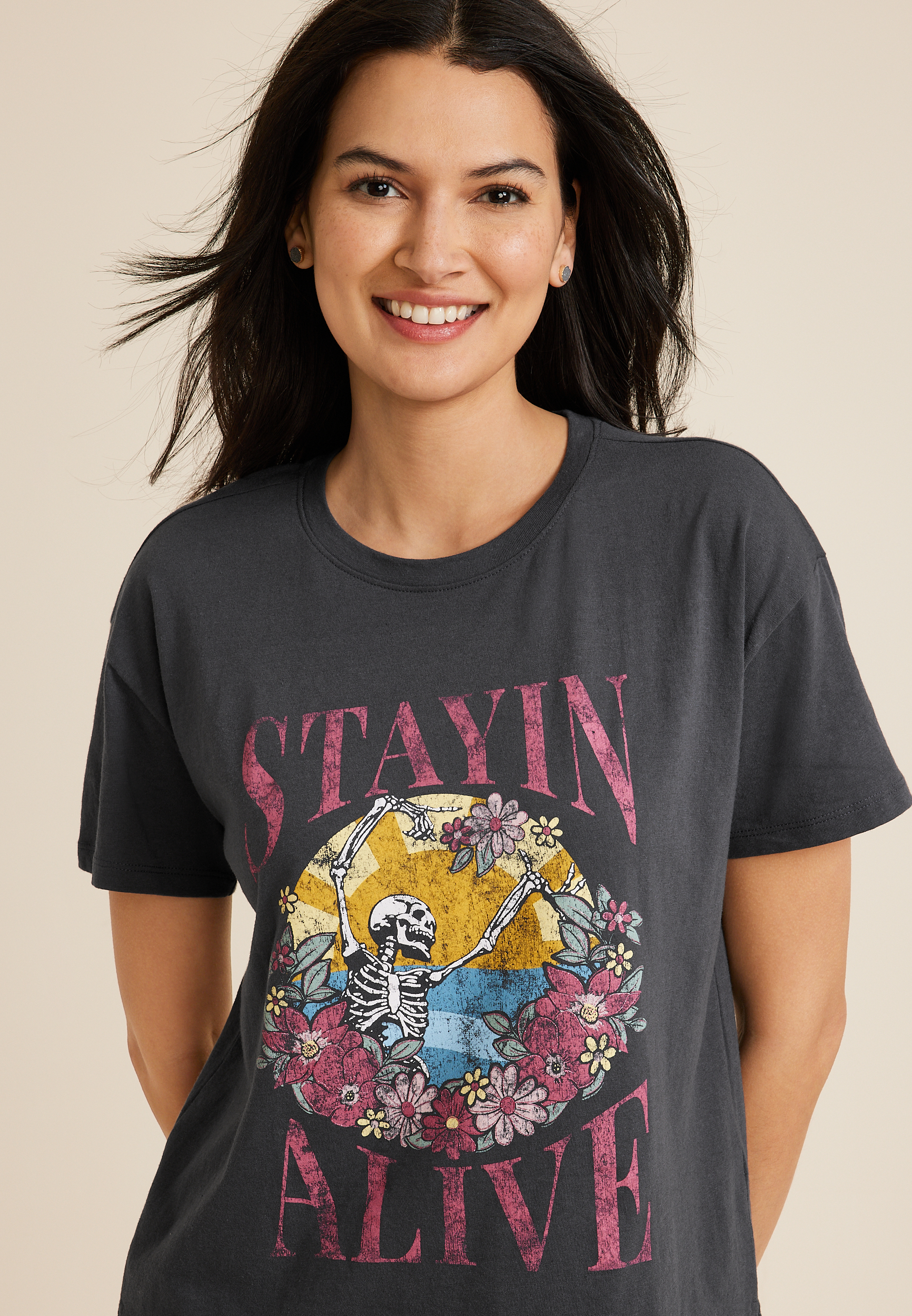 Stayin Alive Floral Skeleton Oversized Fit Graphic Tee, PHANTOM BLACK, large